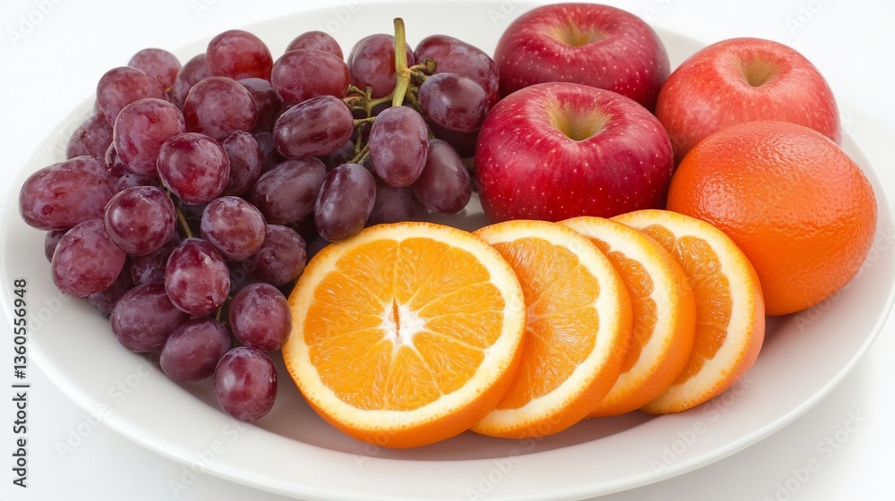 A refreshing mix of apples, grapes, and oranges on a clean white plate A refreshing mix of apples, grapes, and oranges on a clean white plate