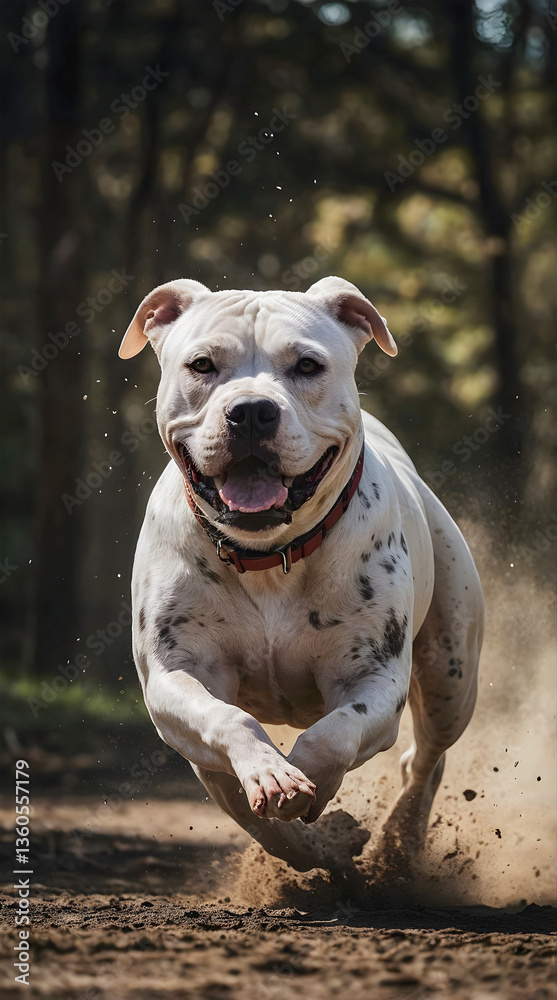 Beautiful white pit bull dog breed running gracefully on a dirt path, pets and animals background, wallpaper