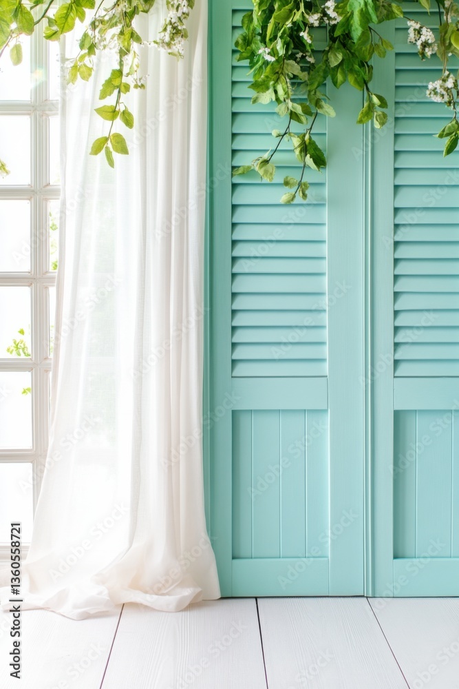 Fototapeta premium Dreamy garden window with sheer curtains and teal shutters evokes a nostalgic atmosphere in a tranquil French setting