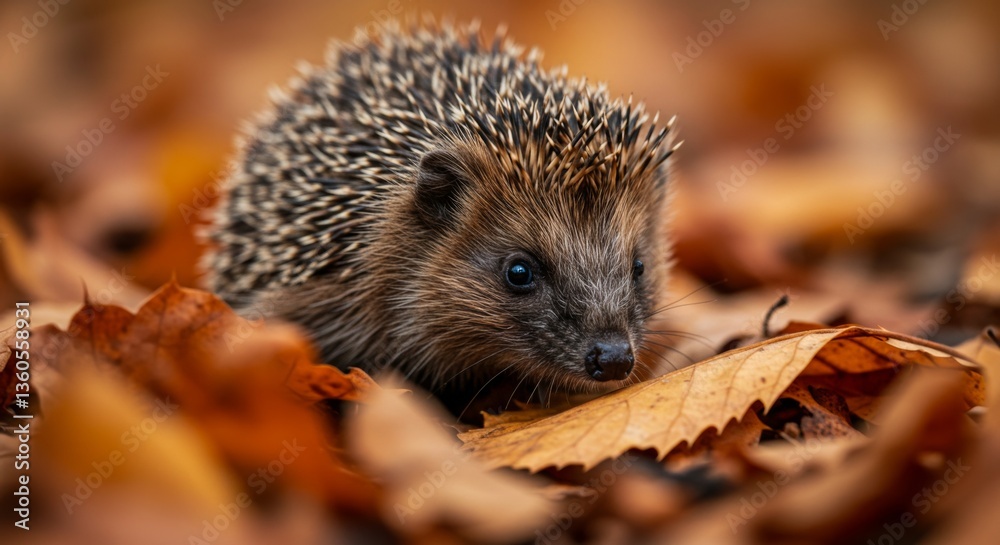 Autumn hedgehog among fallen leaves exploring nature Autumn hedgehog among fallen leaves exploring nature