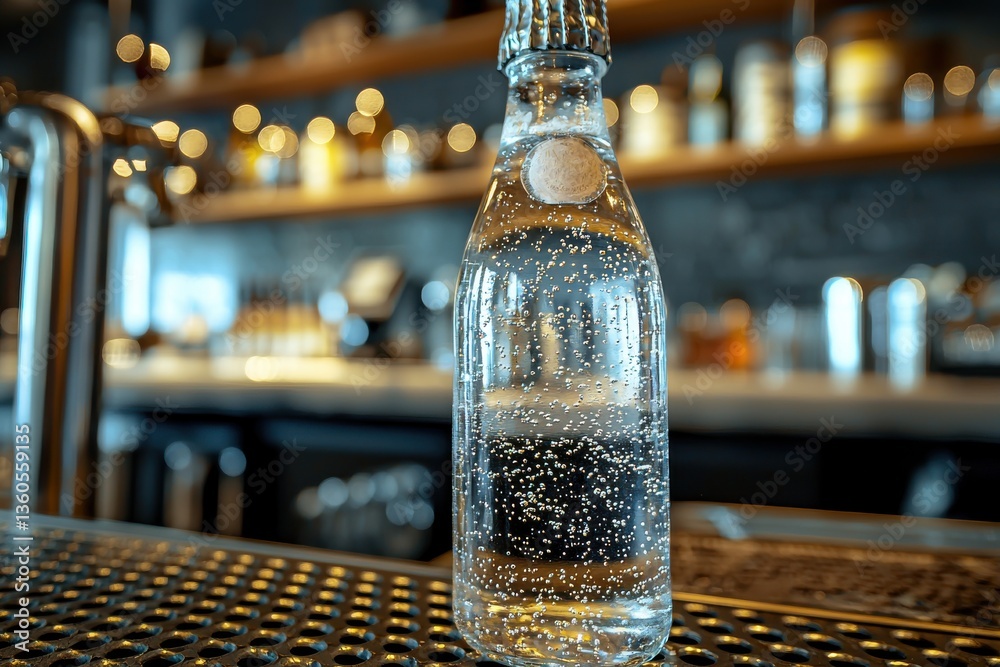 Fototapeta premium Glass bottle of sparkling water with a metal cap, featuring bubbles, sitting on a perforated metal bar top with blurred alcohol bottles in the background.