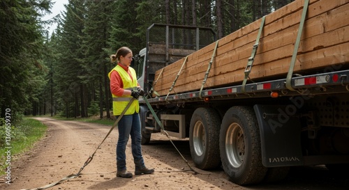 Forest transportation scene with worker securing lumber on truck in woodland setting