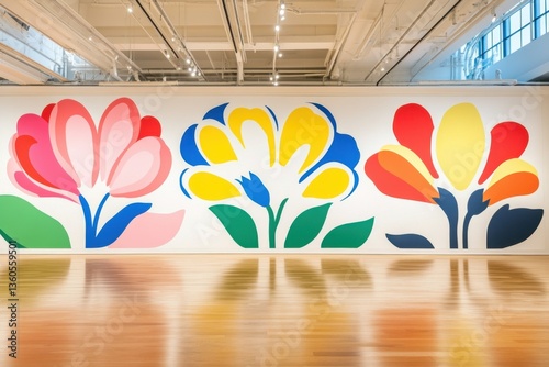 Giant pop-art inspired flowers in a modern monochrome room with bold colors and striking floral design