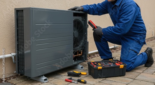 Technician Repairing Air Source Heat Pump
