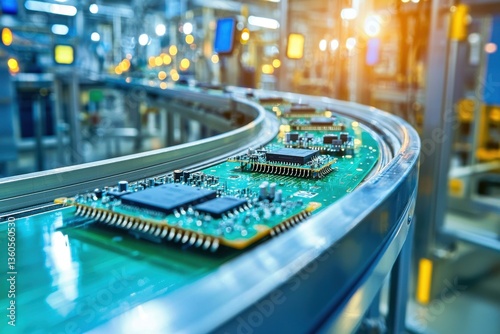 Circuit boards moving on a conveyor belt in a manufacturing facility, showcasing automated production and modern technology, symbolizing efficiency and innovation in the electronics industry.