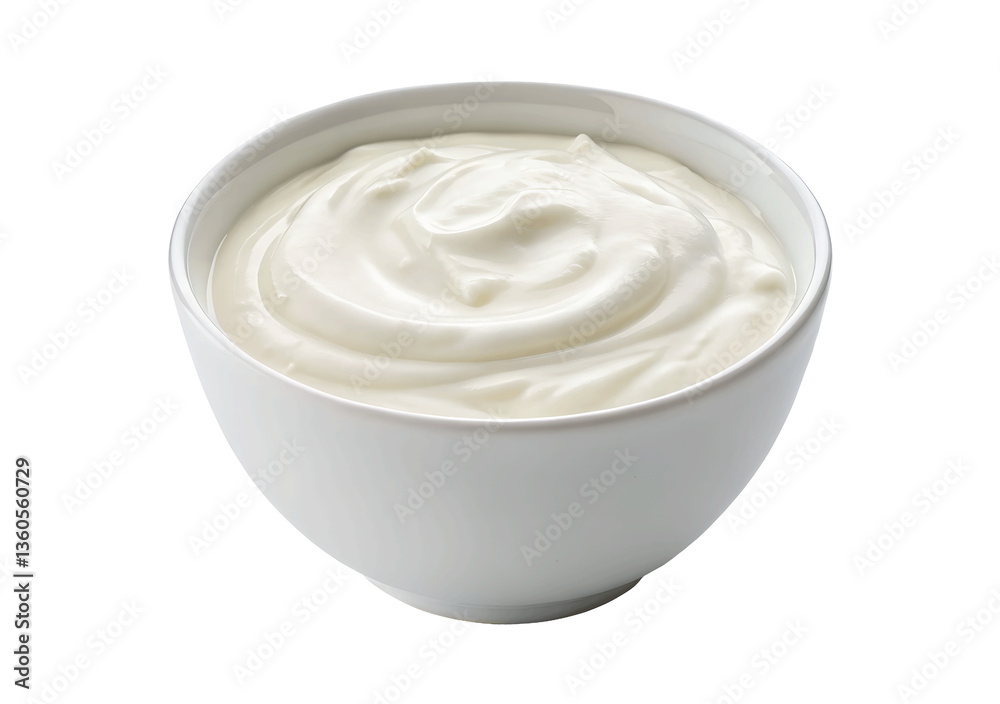 Bowl of creamy white yogurt isolated on a transparent background, PNG cutout, perfect for food packaging, menu design, and advertising purposes