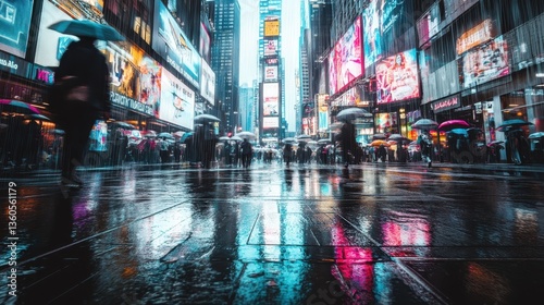 Wallpaper Mural Crowds navigate Times Square in the rain under colorful umbrellas during a wet afternoon Torontodigital.ca