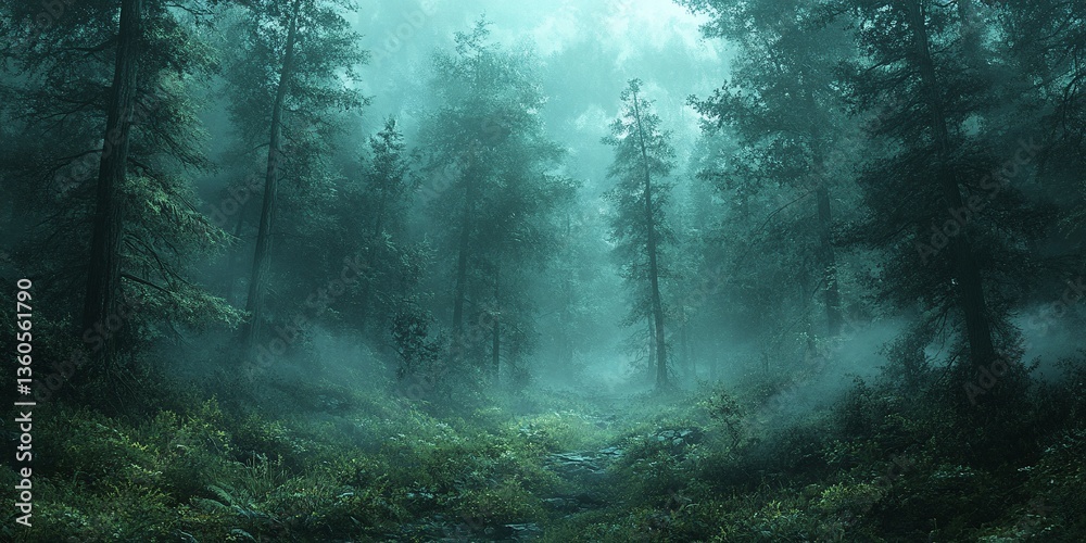 Obraz premium Enigmatic forest path shrouded in a mystical teal mist. Tall evergreens create a serene, atmospheric scene.