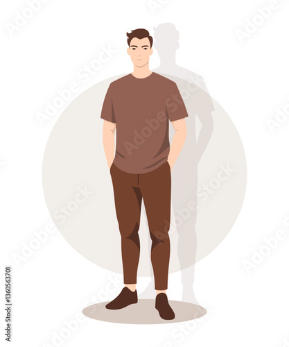 Young Man in a Light T-Shirt and Brown Pants with a Relaxed and Casual Look
