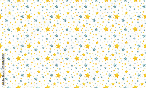 Vector seamless pattern with gold and blue stars on transparent background. Minimalist background pattern.
