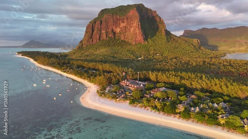 Aerial view of Le Morne Beach and Le Morne Brabant Mountain, a Unesco Natural World Heritage, Mauritius Island, Africa, Indian Ocean 
