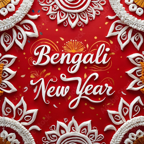
Happy Bengali New Year greeting cards feature cultural and festive elements like Alpana, Howrah Bridge, Dhakis, Panta Bhat, Bengali sweets, Durga eyes, and handcrafted pottery
