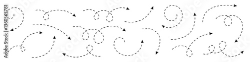 Curved dotted arrow. Collection of dashed curved hand drawn arrows. Zigzag arrow stripes design with dotted lines.