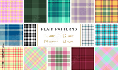 A plaid pattern collection inspired by English textiles, ideal for fabric design, shirts, or old-fashioned yet trendy clothing prints.