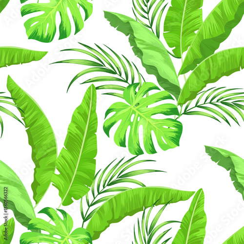 Summer tropic pattern with green palm leaves. Jungle vector background. 