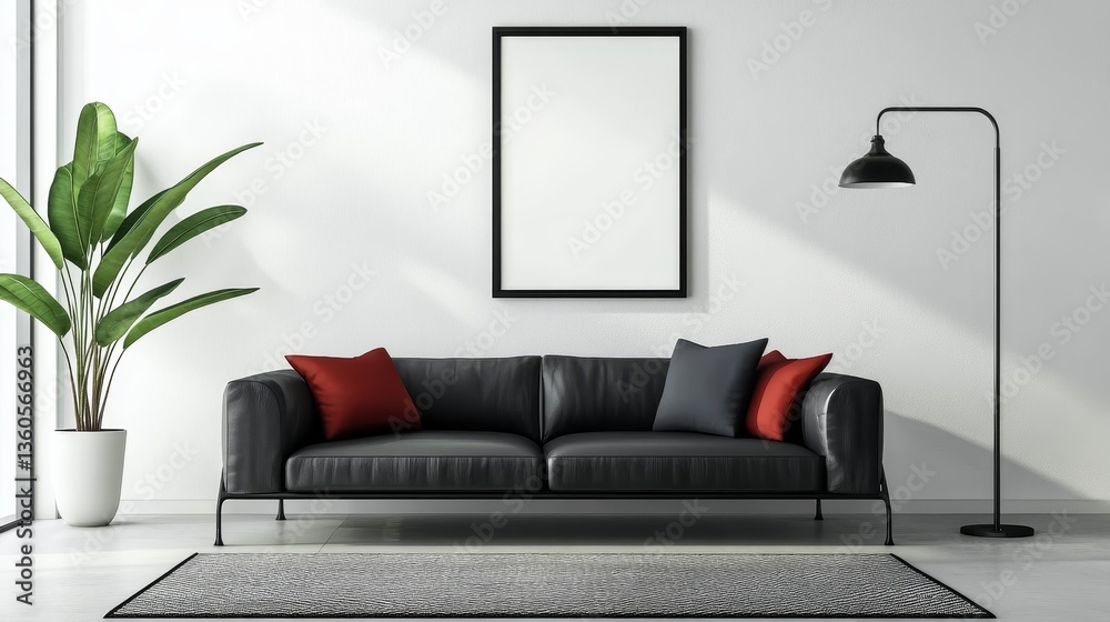 Fototapeta premium A realistic picture of a poster on a living room wall. It's a simple, modern design, the size of a standard A4 sheet. 