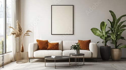 A realistic picture of a poster on a living room wall.  The poster is A4 size, and the room is simply decorated.
