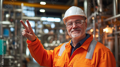Portrait of senior industry worker standing in facility and gesturing okay at the camera