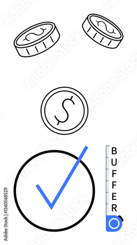 Coins with dollar signs, blue checkmark, and buffer level gauge combine to suggest financial stability, progress, and assurance. Ideal for savings, budgeting, finance, security planning efficiency