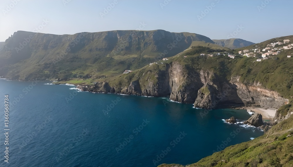 Fototapeta premium Una vista aérea de una costa rocosa con un mar azul profundo. Acantilados escarpados y vegetación exuberante bordean el agua, con pequeñas casas blancas visibles en la distancia.