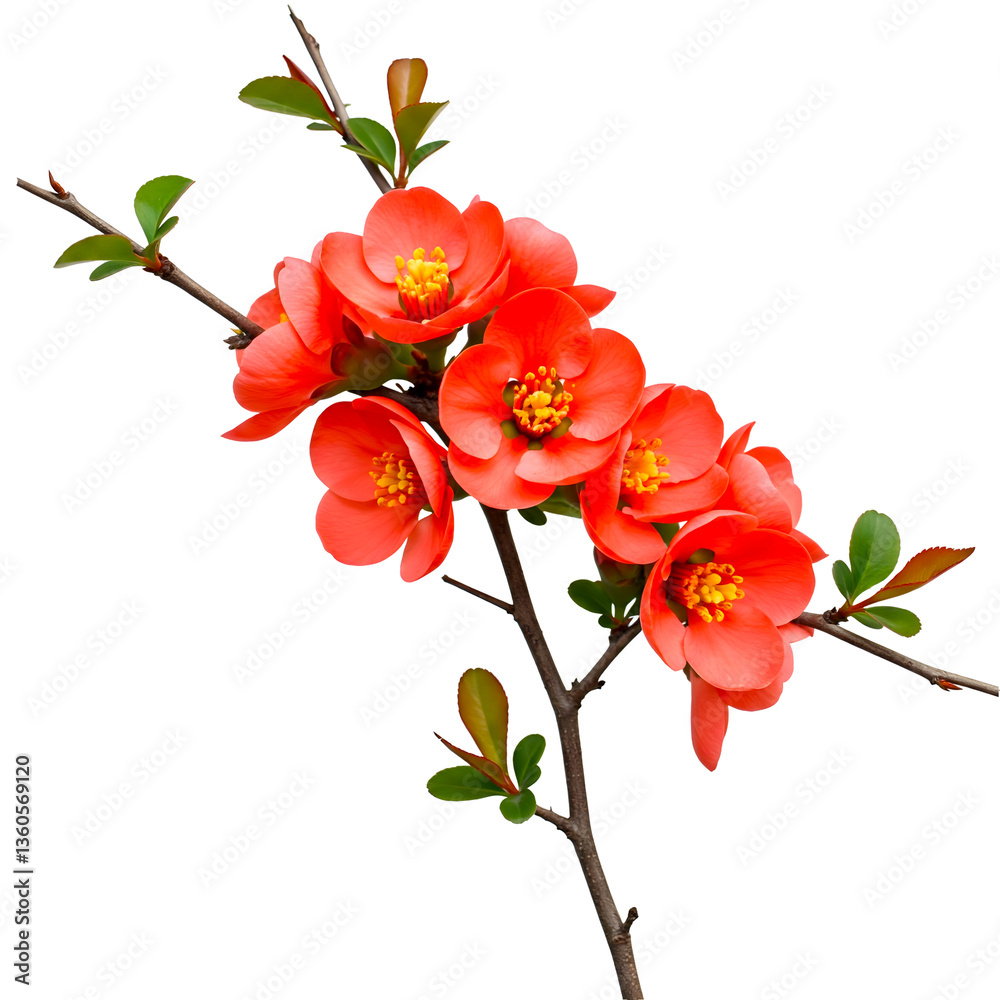 Fototapeta premium A branch with vibrant red flowering quince blossoms on a transparent background.