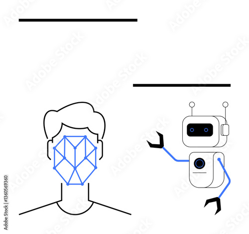 Human face with geometric facial recognition grid and AI robot symbolizes artificial intelligence, machine learning. Ideal for technology, security, biometrics, innovation, AI ethics, automation