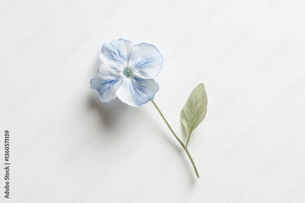 Obraz premium Single light blue pansy flower with stem and leaf on white background.