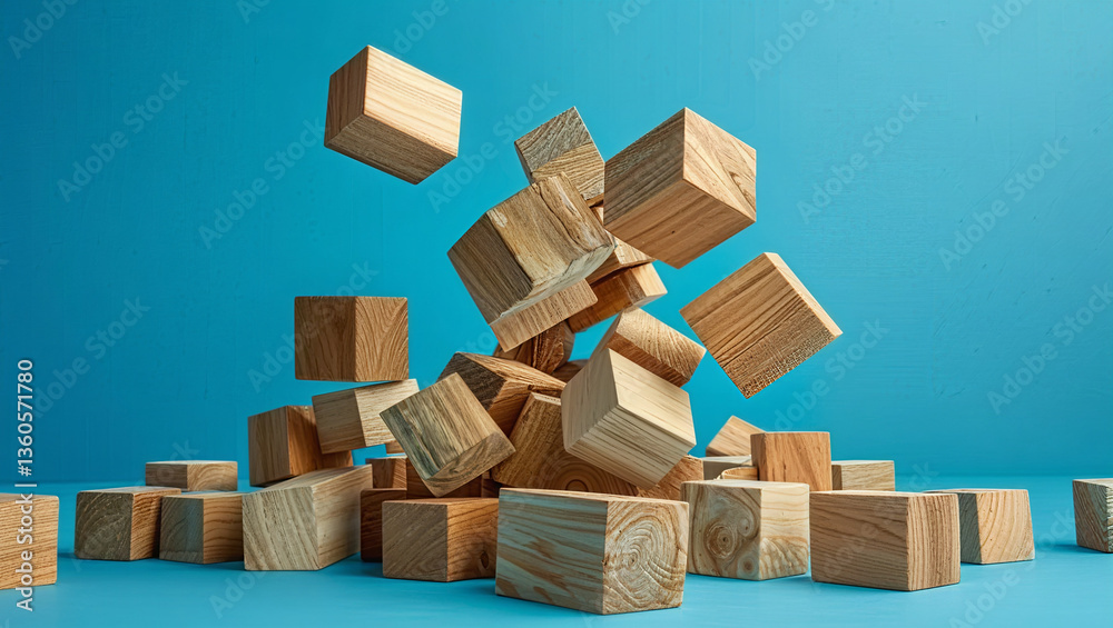 Vivid portrayal of falling wooden blocks set against a serene blue backdrop; symbolizing failure and unpredictability in an engaging and abstract manner. Vivid portrayal of falling wooden blocks set against a serene blue backdrop; symbolizing failure and unpredictability in an engaging and abstract manner.
