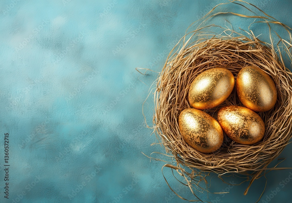 custom made wallpaper toronto digitalGolden eggs in a rustic nest resting on a textured blue background, perfect for illustrations of wealth, Easter, or nature themes in creative projects
