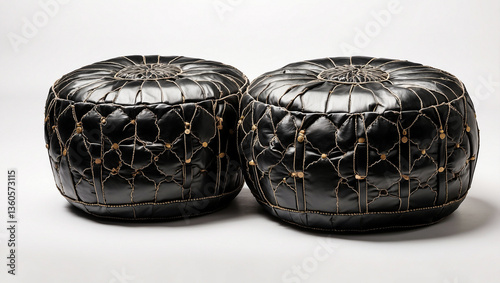 Stylish Black Moroccan Leather Pouf Ottoman Isolated on a White Background