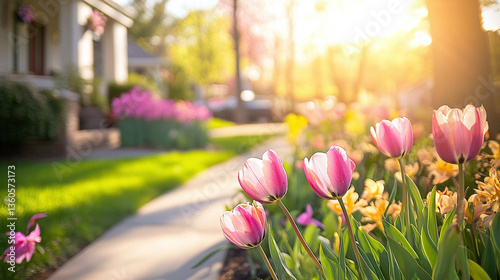 Native plants landscaping in front yard of a suburban house in spring with midday light