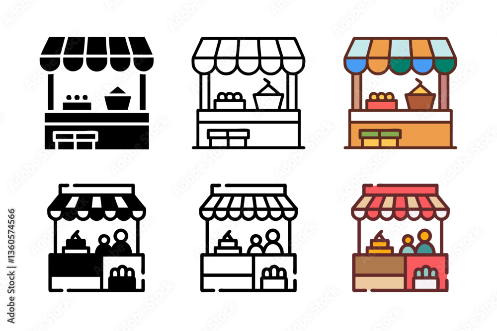 Naklejka premium A traditional market icon set in glyph line and color styles representing local commerce and cultural trade