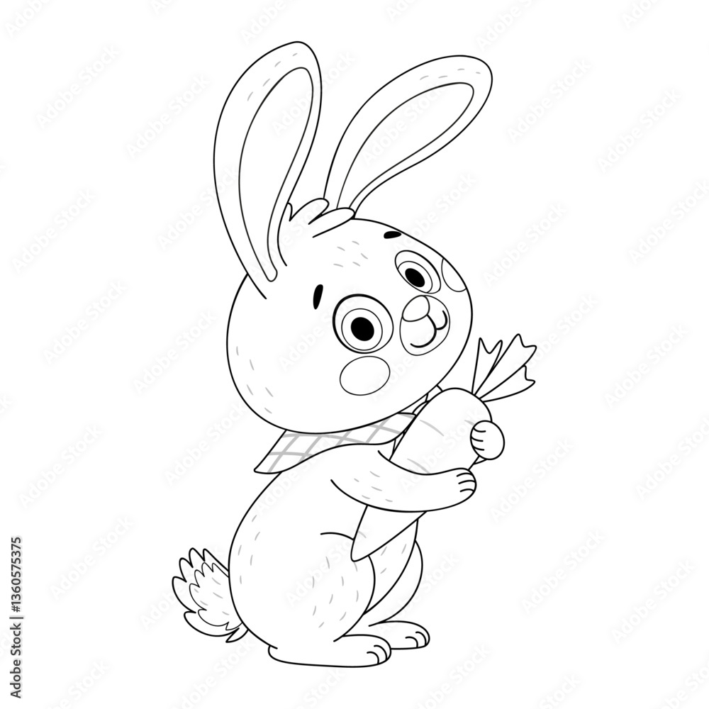 Obraz premium Cute Easter Bunny hugs big carrot coloring page. Hand drawn line art style. Rabbit or hare with ripe and juicy carrot, spring festive animal holiday character coloring book.