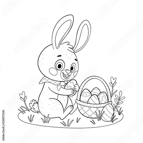 Easter bunny puts eggs in a basket coloring page. Hand drawn line art style. Rabbit or hare looking for eggs in a meadow with flowers, spring festive animal holiday character coloring book.