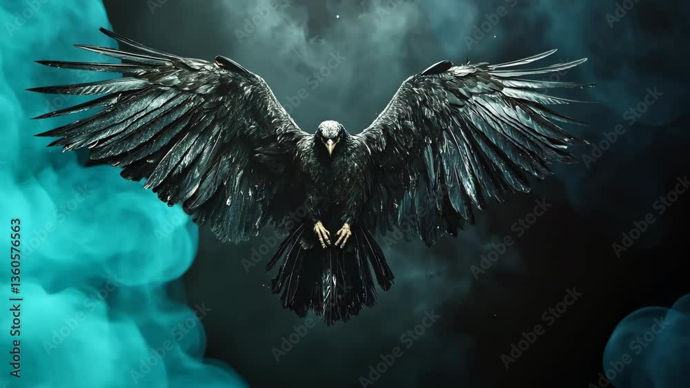 Majestic raven in flight with outstretched wings amidst ethereal smoke on a dark background