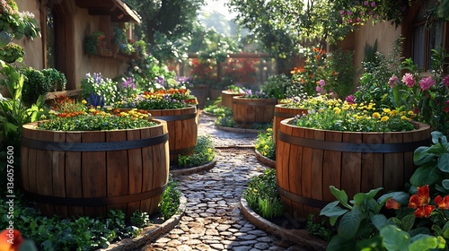 Self sustaining garden using rainwater harvesting barrels drip irrigation eco friendly raised beds garden is lush and green with water droplets sparkling under the sun High resolution photorealistic
