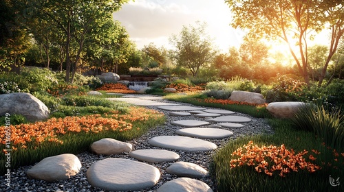 Fototapeta Naklejka Na Ścianę i Meble -  Therapeutic sensory garden designed with soft grass paths fragrant flowers textured plants and water features Sunlight casts warm highlights on the tranquil space Hyper realistic high resolution