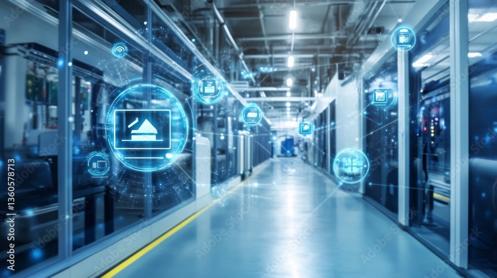 Fototapeta premium Wireless Sensor Network Transmitting Data in Modern Facility Environment