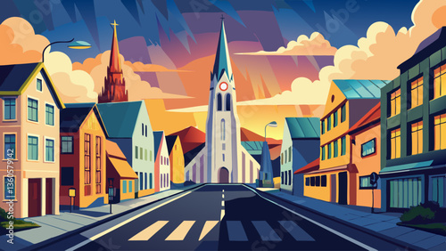 REYKJAVIK, ICELAND - AUGUST 11, 2019: City street with Cathedral on the background. The city hosts most of the island population