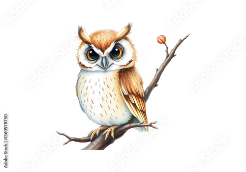 Cute owl in watercolour technique. Vector illustration.