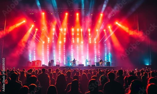 Vibrant concert scene with musicians performing on stage, colorful lights illuminating the crowd