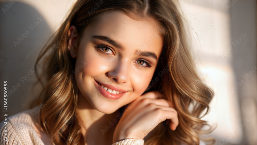 Fototapeta premium Young woman smiling while touching her hair in soft light 