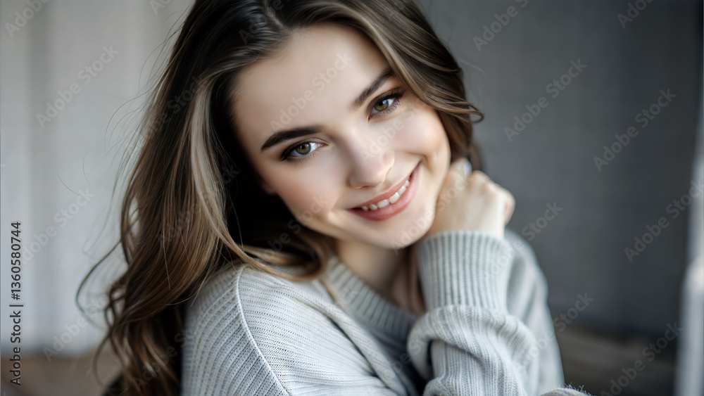 Young woman smiling warmly in cozy sweater against soft background Young woman smiling warmly in cozy sweater against soft background