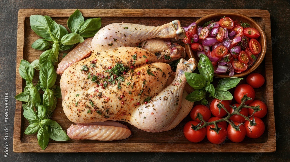 Whole raw chicken displayed from above, complemented by fresh basil and cherry tomatoes, perfect for a delicious homemade dish. Whole raw chicken displayed from above, complemented by fresh basil and cherry tomatoes, perfect for a delicious homemade dish.