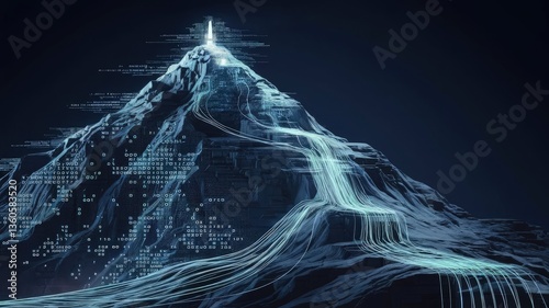 Reaching New Heights: A captivating depiction of a mountain, composed of digital lines and a waterfall flowing down its side, illuminated by a radiant light at the summit, symbolizing progress.