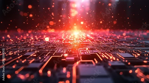 Close-up view of a glowing circuit board with vibrant red sparks in a dark environment