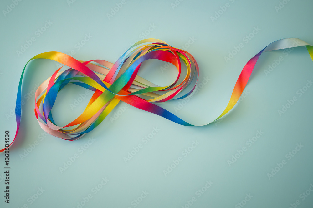 Fototapeta premium Autism acceptance month, Autism awareness day concept. Rainbow colors ribbons in shape of infinity loop on blue background. Infinity is symbol of autism disorder, adhd, neurodiversity