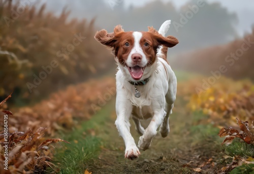 brittany spaniel dog playing outdoors in the countryside  on golden hour of a foggy day, doggy playing in the fog of nature, domestic pet in the meadown under a sunset