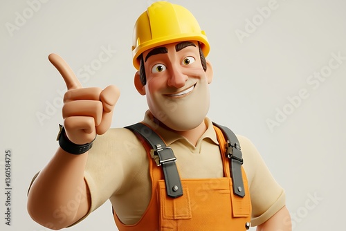 Worker wearing a bright jumpsuit and safety helmet pointing upwards with their right hand.