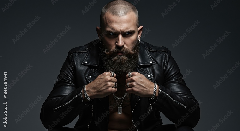 Obraz premium Powerful Portrait of Bearded Man in Leather Jacket Showcasing Strength and Fashion Appeal